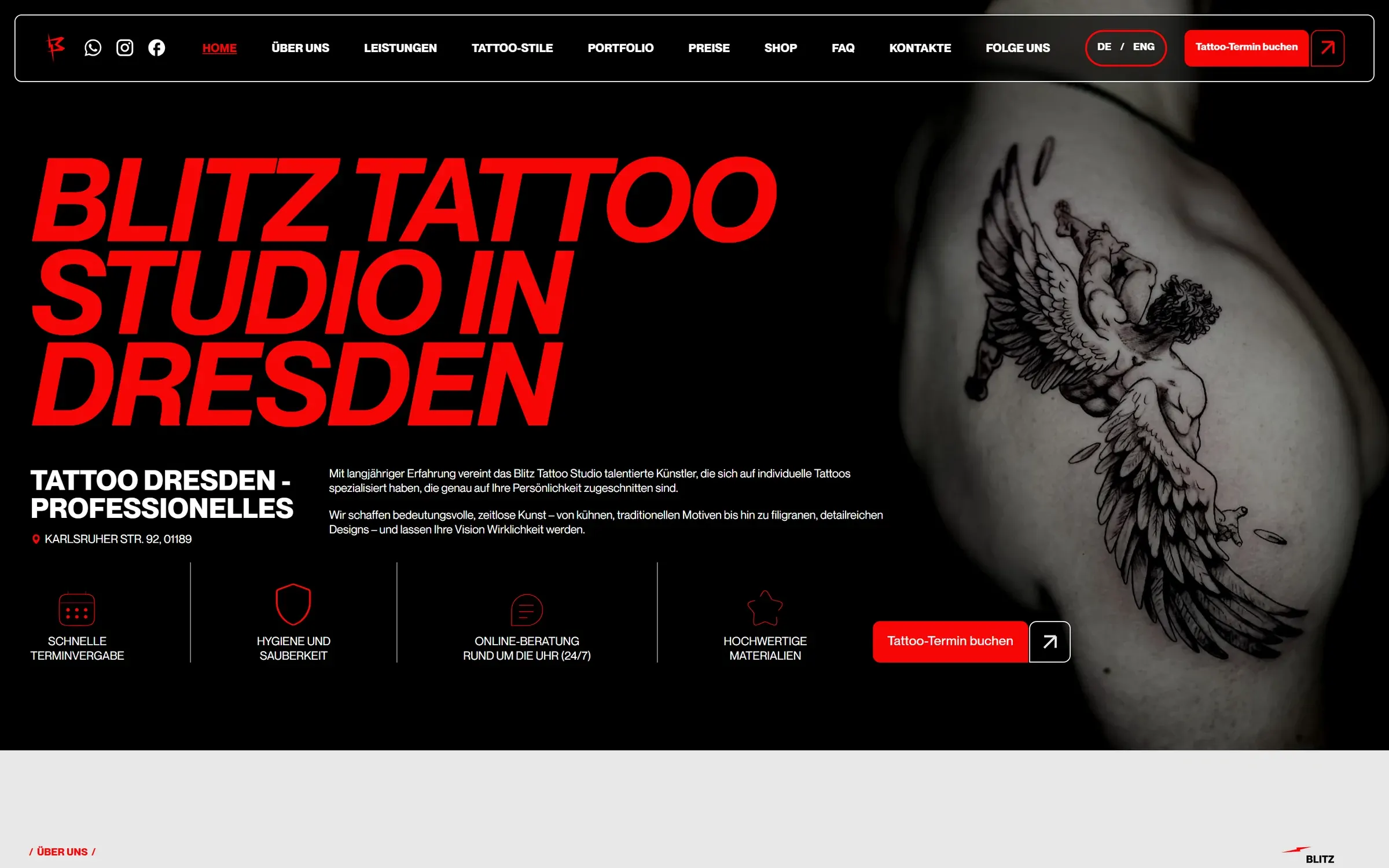 Blitz Tattoo Studio website, first screen