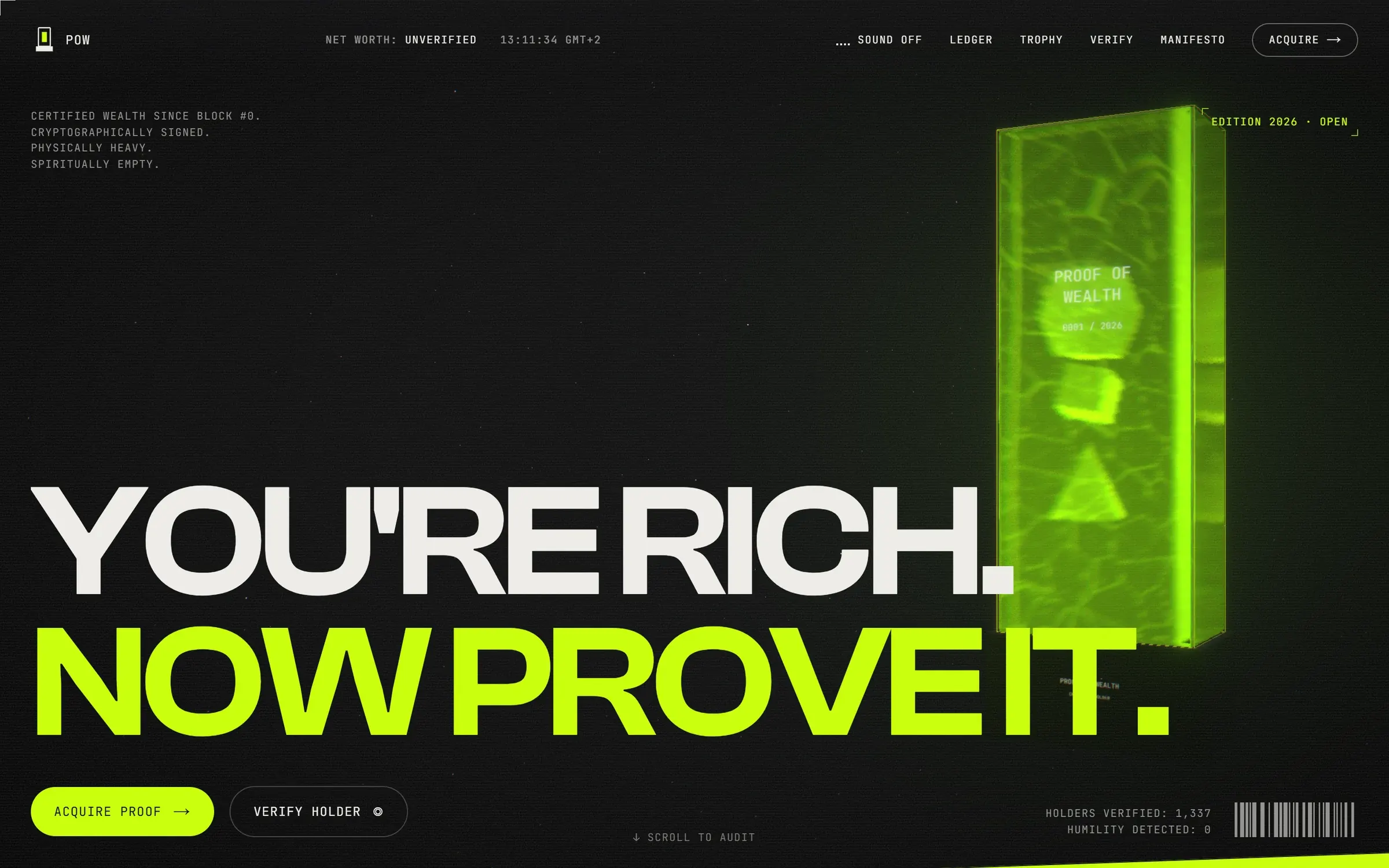 Proof of Wealth website, first screen