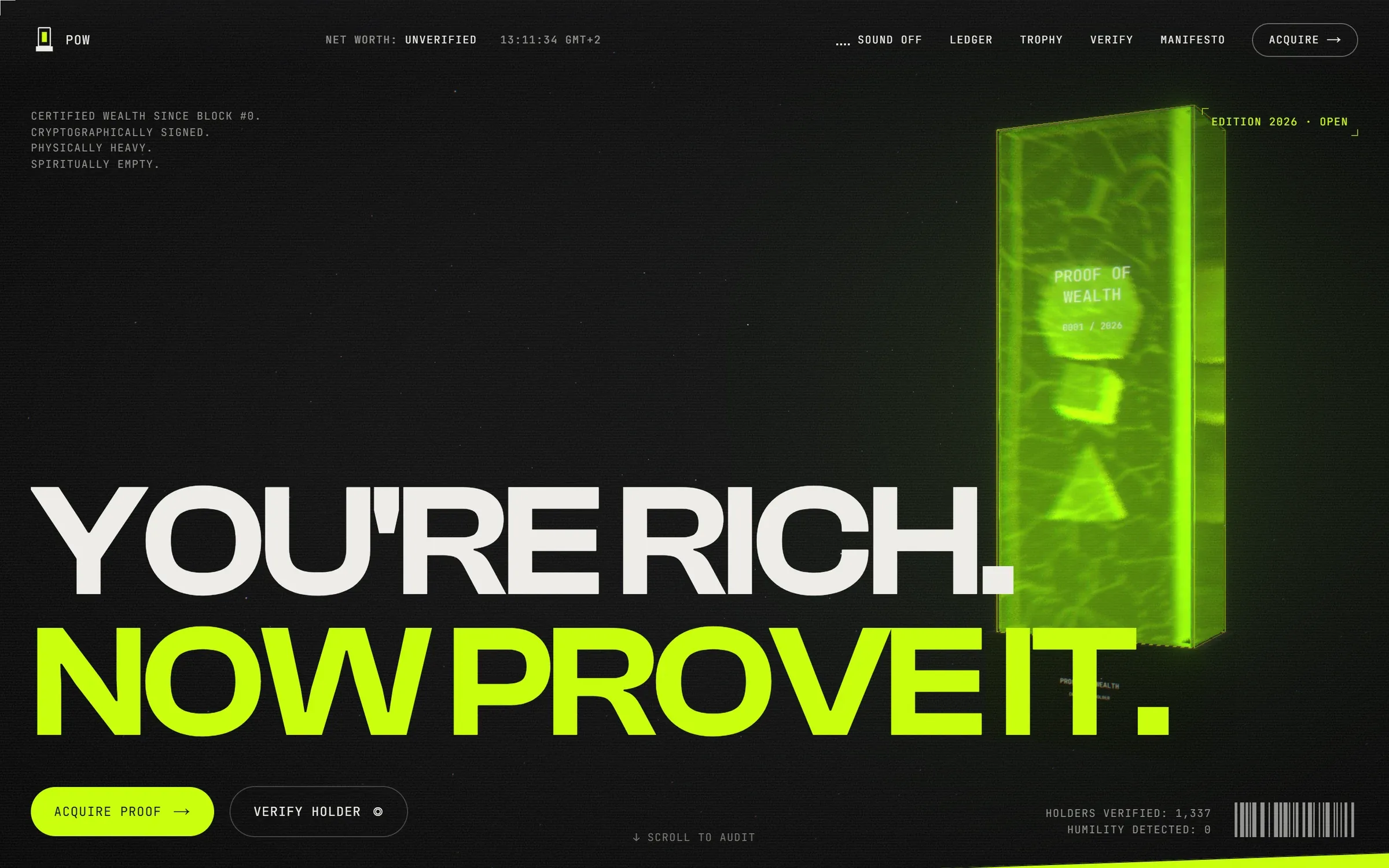 Proof of Wealth website, first screen